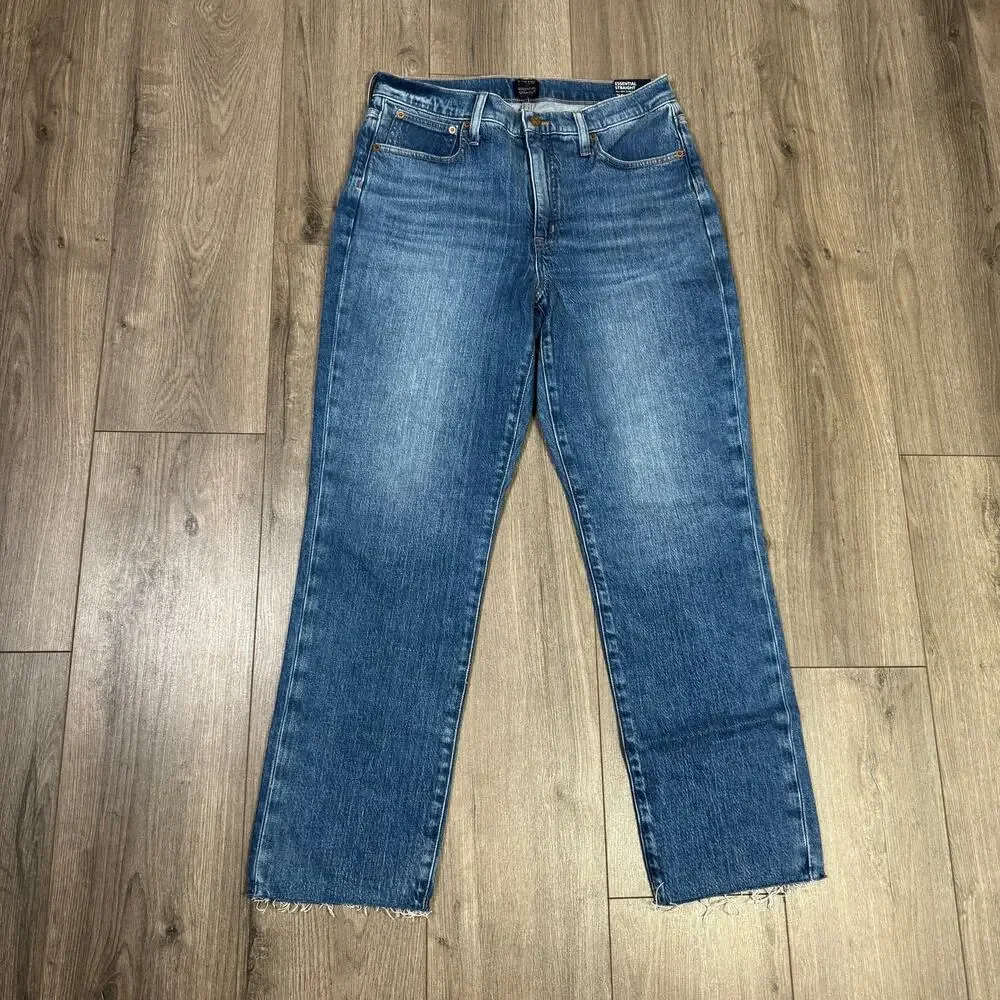 J.Crew Tall Essential Straight Jeans WMNS 30T Blue Denim Raw Hem All Day Stretch